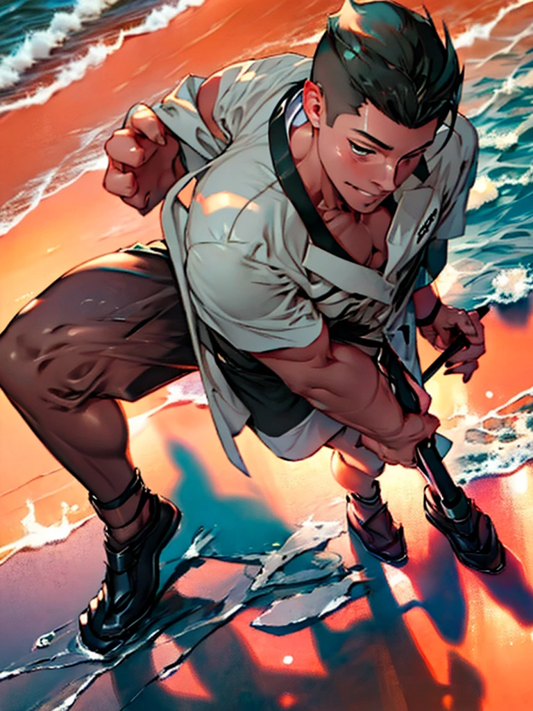 Highest quality, 8K, High resolution image, detailed strokes, beach,summer, Strong muscles,Adolescent males,No tops, (from the perspective below), clear legs, clear weapon, clear abdomen, with shirt,