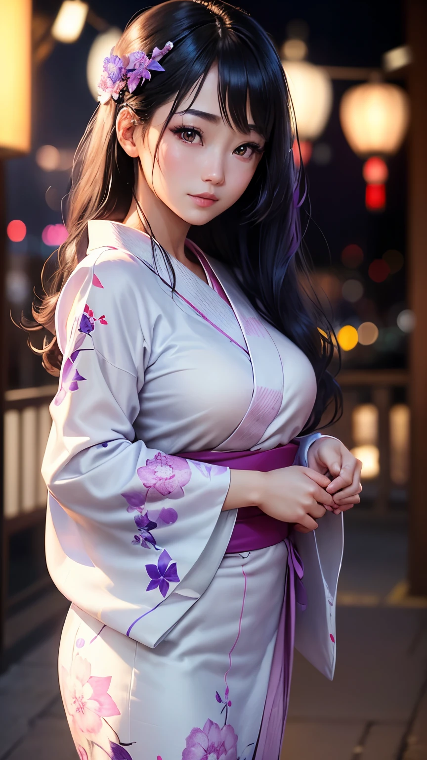 (logo、masterpiece、8K、Tabletop、RAW Photos、wonderful、最high quality、フォトリアリスティックでVery detailedな CG 複合 8K 壁紙、high quality、Very detailed、Narrative poem、Particle Effects、Dynamic Effects、Depth of the Boundary、Cinematic Light、Lens flare、Ray Tracing)、 (One beautiful woman wearing a yukata、White yukata、Light purple pattern)、Black-haired、High definition skin、Very fine、Fine skin texture、Beautiful Face、True Face、Beautiful details in the eyes、Realistic eyes、Beautifully detailed eyes、Realistic Skin、Beautiful Skin、Surreal、Smiling Eyes、Hair and light eyes、vivid、Colorful lights and bokeh、plump lower lip、Pink Lips、Hair flutters in Wind、Hair bounces、wonderful景色、night、evening、Wind、moonlight、moonlight、light