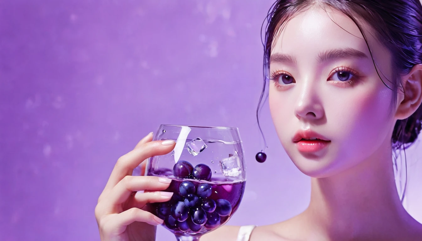 Summer Purple Grape Girl,Dopamine teenage, Cool summer days,Ice cubes,The watery girl,Delicate skin,Hydration,Shiny,Shiny,dream,Front view,bust,pearl,Purple grape fruit