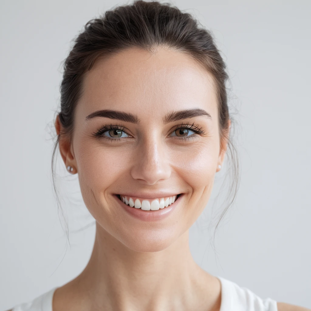 White skin，a photo of a woman,indoor,White background,Realistic lighting,8K,4K,Looking at the camera,Smile,Show your teeth,portrait,Pretty Face