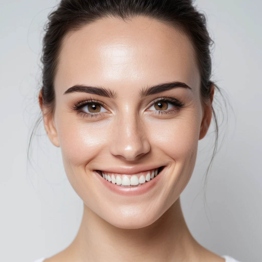 White skin，a photo of a woman,indoor,White background,Realistic lighting,8K,4K,Looking at the camera,Smile,Show your teeth,portrait,Pretty Face