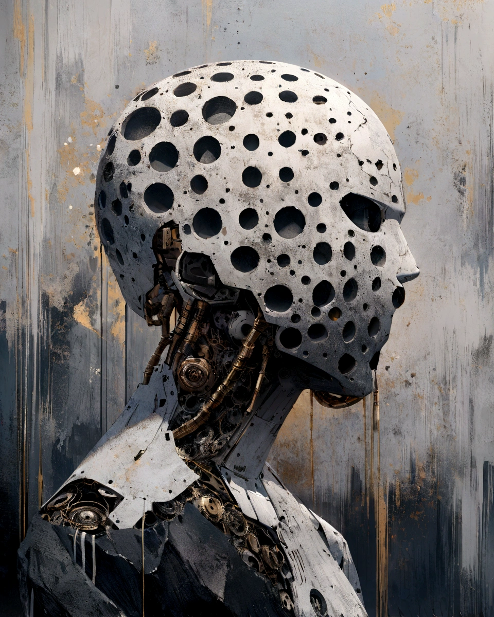 The image depicts a profile view of the head and neck of a humanoid figure., which appears to be a fusion of organic and mechanical elements. The head is predominantly white, with numerous circular holes all over the surface, resembling a perforated surface. Inside the head, there are intricate mechanical components visible, suggesting the inner workings of machines or robotics. The background consists of abstract brushstrokes in shades of gray, black and gold, contributing to an industrial and artistic atmosphere.
The style of this artwork can be described as a fusion between abstract art and cyberpunk.. Abstract elements are present in the textured and seemingly random brushstrokes of the background. in contrast, the cyberpunk influence is evident in the representation of the humanoid figure with mechanical parts, evoking themes of futuristic technology mixed with organic life forms.
