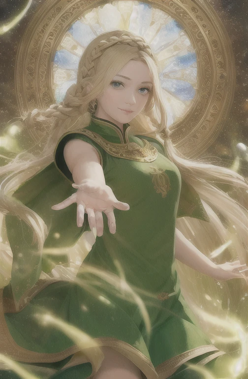 best quality, masterpiece, upper body,
(adult:1.6) ukrainian woman, (smirk:0.4),
braided blonde hair,
emerald eyes,
medieval sundress,
floating light particles, centered,