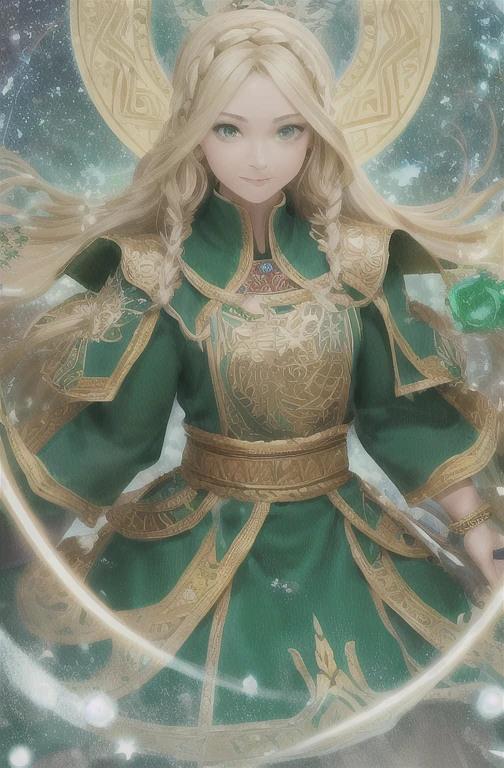 best quality, masterpiece, upper body,
(adult:1.6) ukrainian woman, (smirk:0.4),
braided blonde hair,
emerald eyes,
medieval sundress,
floating light particles, centered,