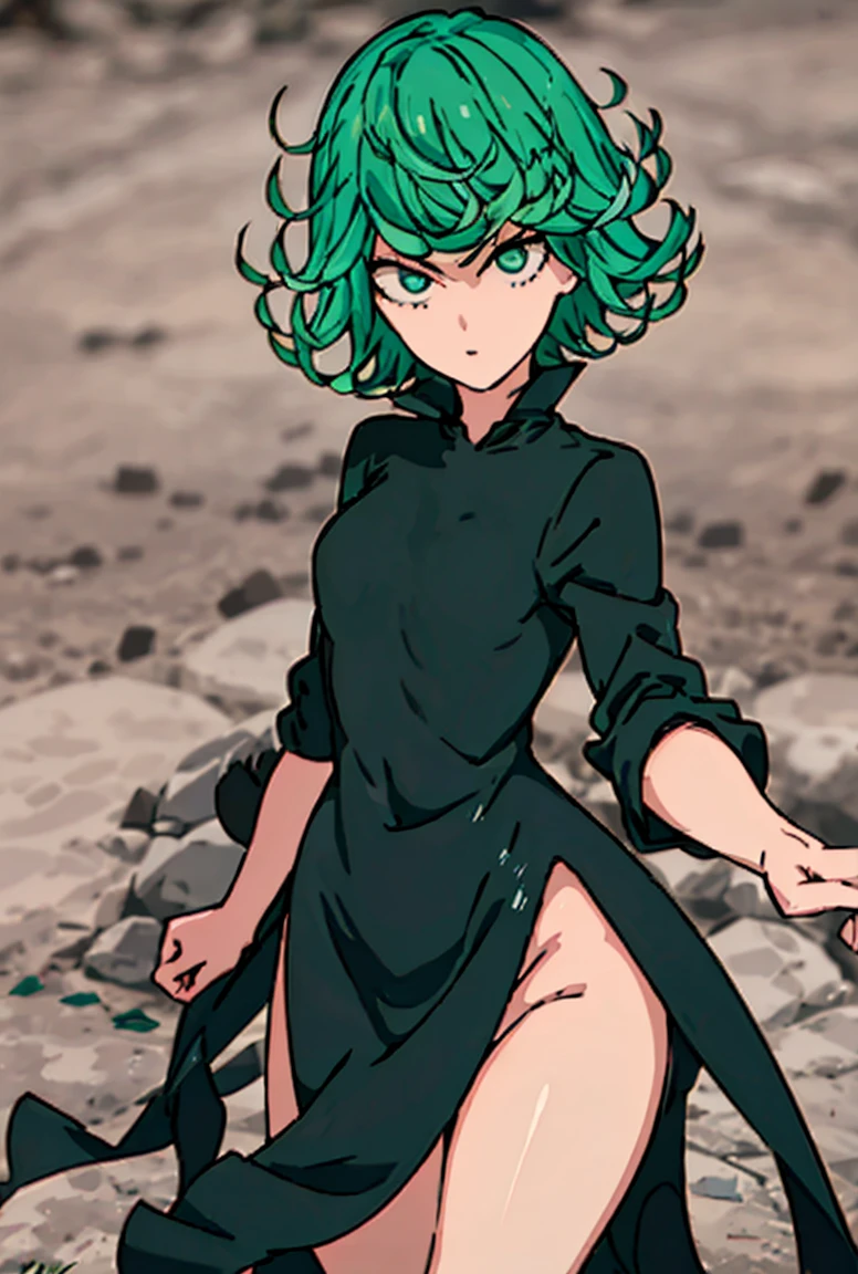 (beste-Qualit, 8K, 12), 1 girl, tatsumaki, Short Hair Hair, green hair,  , the perfect body, ultra detail face, detailed lips, Slender Eyes, gown, stands, enticing, Excited, convex areolas, steam, From Bottom