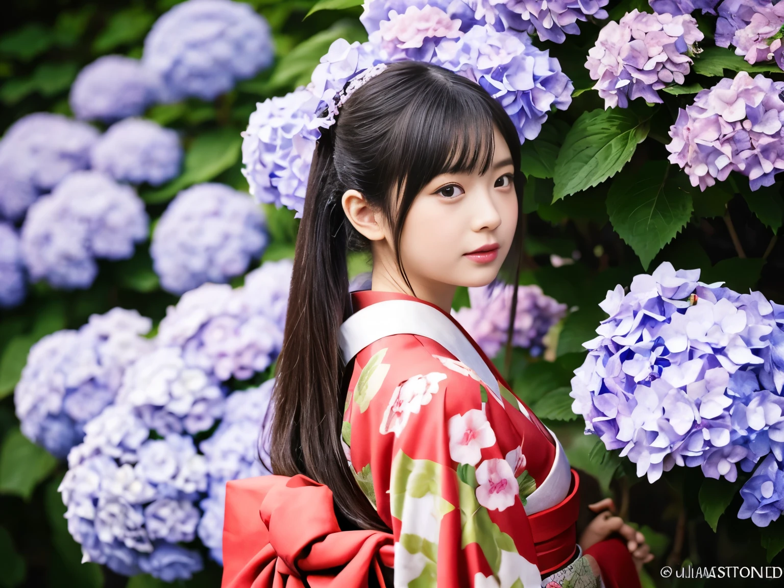 The background is the world of hydrangea flowers、Highest quality, Tabletop, High resolution, (((One Girl))), ************,Brown eyes、kimono、((花柄kimono)), Tyndall effect, Realistic, Shadow Studio, red lighting, Dual Tone Lighting, (High Definition Skins: 1.2) Digital SLR, photograph, High resolution, 4K, 8K, Background Blur,Beautiful fade out、Background々The colorful world of hydrangea flowers