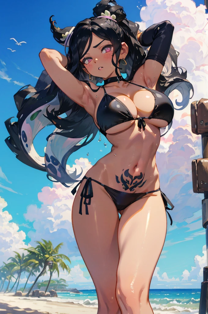 A fierce giantess in a revealing black bikini, with long ebony hair and hypnotic green eyes, lounges on a pristine white sand beach, her legs stretched out and crushing beach umbrellas and sunbathers beneath her. She picks up tiny people with her toes, laughing as they struggle against her warm skin. Her body radiates raw eroticism and power, her gaze filled with cruel delight as she watches their helpless attempts to escape. Giantess, Goddess, sexy legs, bikini, hot, curvy body, mommy issues, tiny people, macrophilia, perspective from below, high quality, almost naked, mature woman, beach, erotic.

