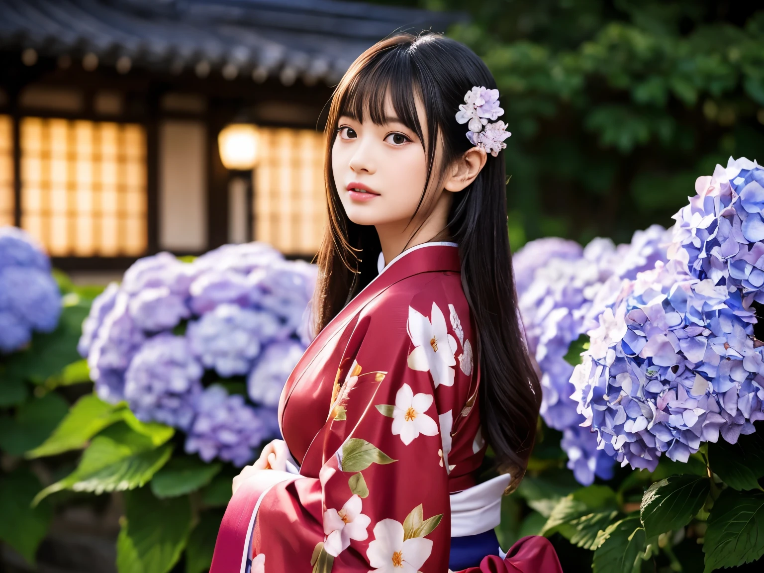 The background is the world of hydrangea flowers、Highest quality, Tabletop, High resolution, (((One Girl))), ************,Brown eyes、kimono、((花柄kimono)), Tyndall effect, Realistic, Shadow Studio, red lighting, Dual Tone Lighting, (High Definition Skins: 1.2) Digital SLR, photograph, High resolution, 4K, 8K, Background Blur,Beautiful fade out、Background々The colorful world of hydrangea flowers