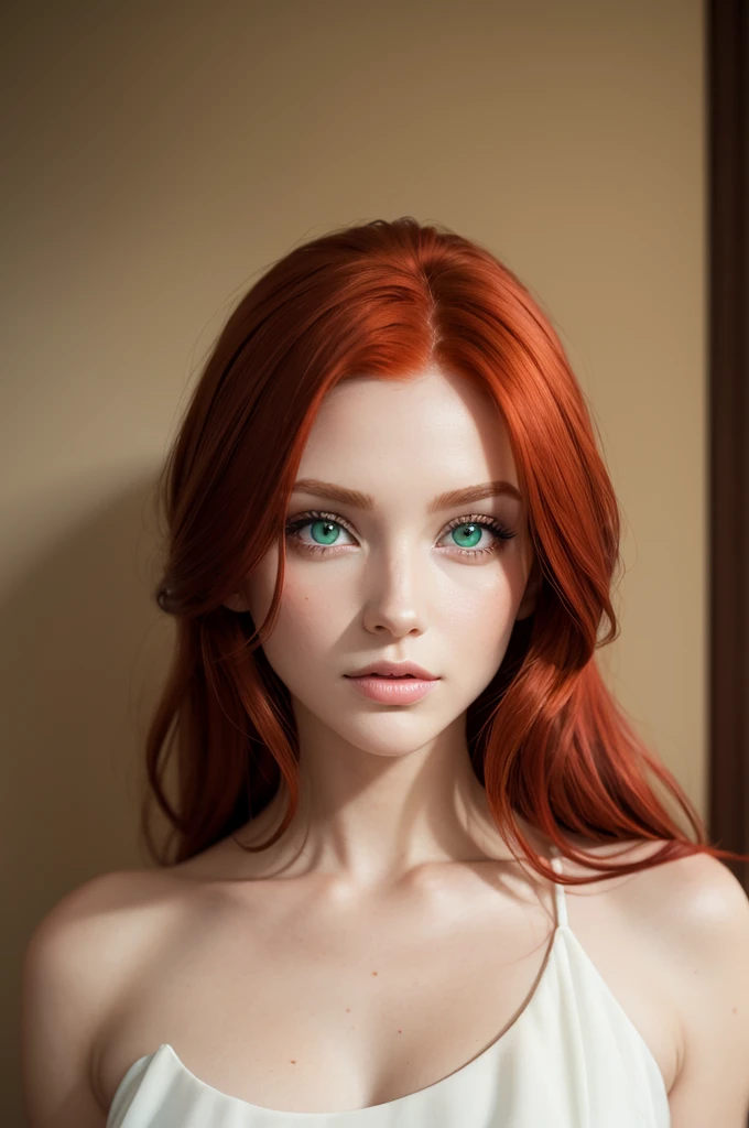 Create a redhead model with green eyes that doesn't exist