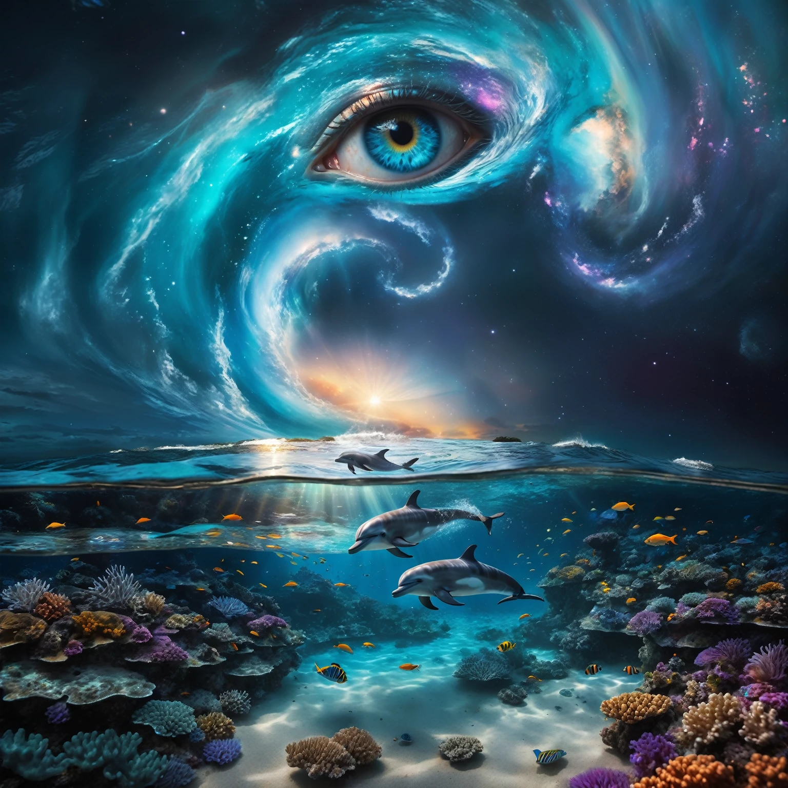 Create a surreal and fantastical image with the following elements: Setting: A beach with a surreal twist, where the ocean blends with a cosmic sky. Foreground: Vibrant coral reefs with detailed textures and various tropical fish swimming around. Transparent water near a woman, revealing bioluminescent algae and marine life. Midground: Dolphins swimming just below the surface, illuminated by sunlight filtering through the water. Background: A sky dominated by a massive cosmic eye, surrounded by swirling galactic patterns and luminous stars. Spiraling waves seamlessly blend into the cosmic sky. Colors: Dominant tones of blue, turquoise, and violet. Accents of yellow and orange from the tropical fish and sunlight. Composition: The scene should guide the viewer’s gaze from the detailed coral reefs and marine life in the foreground, to the dolphins in the midground, and finally to the cosmic eye and swirling waves in the background. Use lines and patterns to naturally direct the viewer’s attention upwards. Atmosphere: Evoke a mystical and dreamlike atmosphere, blurring the boundaries between reality and imagination. Create a sense of depth and dimension with sharp details in the foreground and midground, and a slightly softer focus on the cosmic elements in the background.