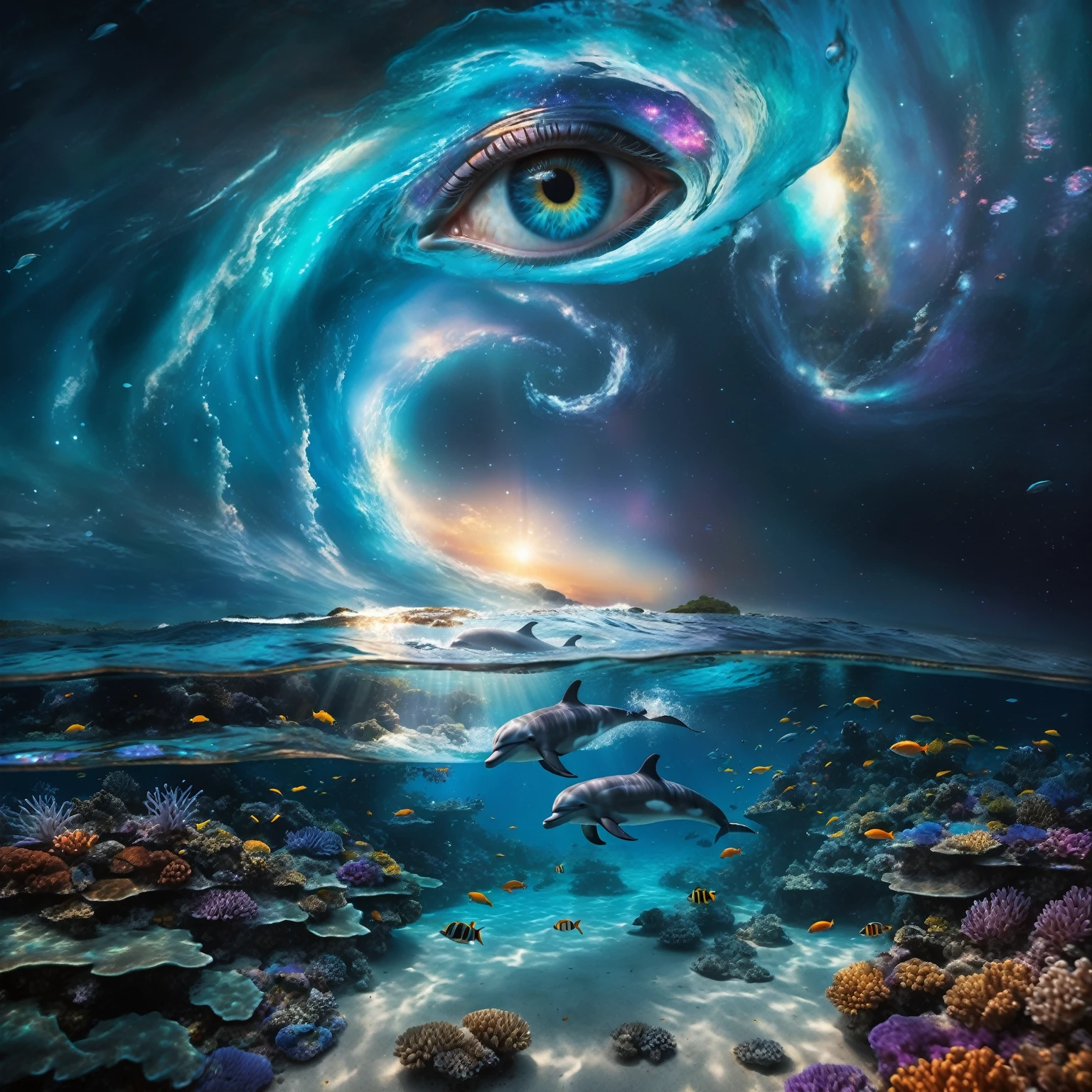 at night, Surreal, fantasy-style digital artwork featuring an underwater scene with vibrant coral reefs and various colorful fish. The layout is divided into two main sections: the underwater world and the sky above. In the underwater section, there are two large, human-like faces detailed made of coral and sea life, with intricate details and vivid colors. (A blonde woman in a bikini detailed with fins, mask and snorkel, surrounded by small bioluminescent creatures dancing around her, leaving trails of light.). Above the water, Starry sky: (A sky with a swirling galaxy evolving into a giant blue eye detailed ), embedded in a starry sky adorned with nebulae and cosmic dust. (A dolphin leaps out of the water towards a glowing moon, enhancing the dreamlike atmosphere). The overall composition is rich in detail and color, creating a captivating and otherworldly visual experience.Shimmering mist: A mist envelops the scene, lending it an ethereal quality. best quality, 8k, masterpiece, hight resolution.