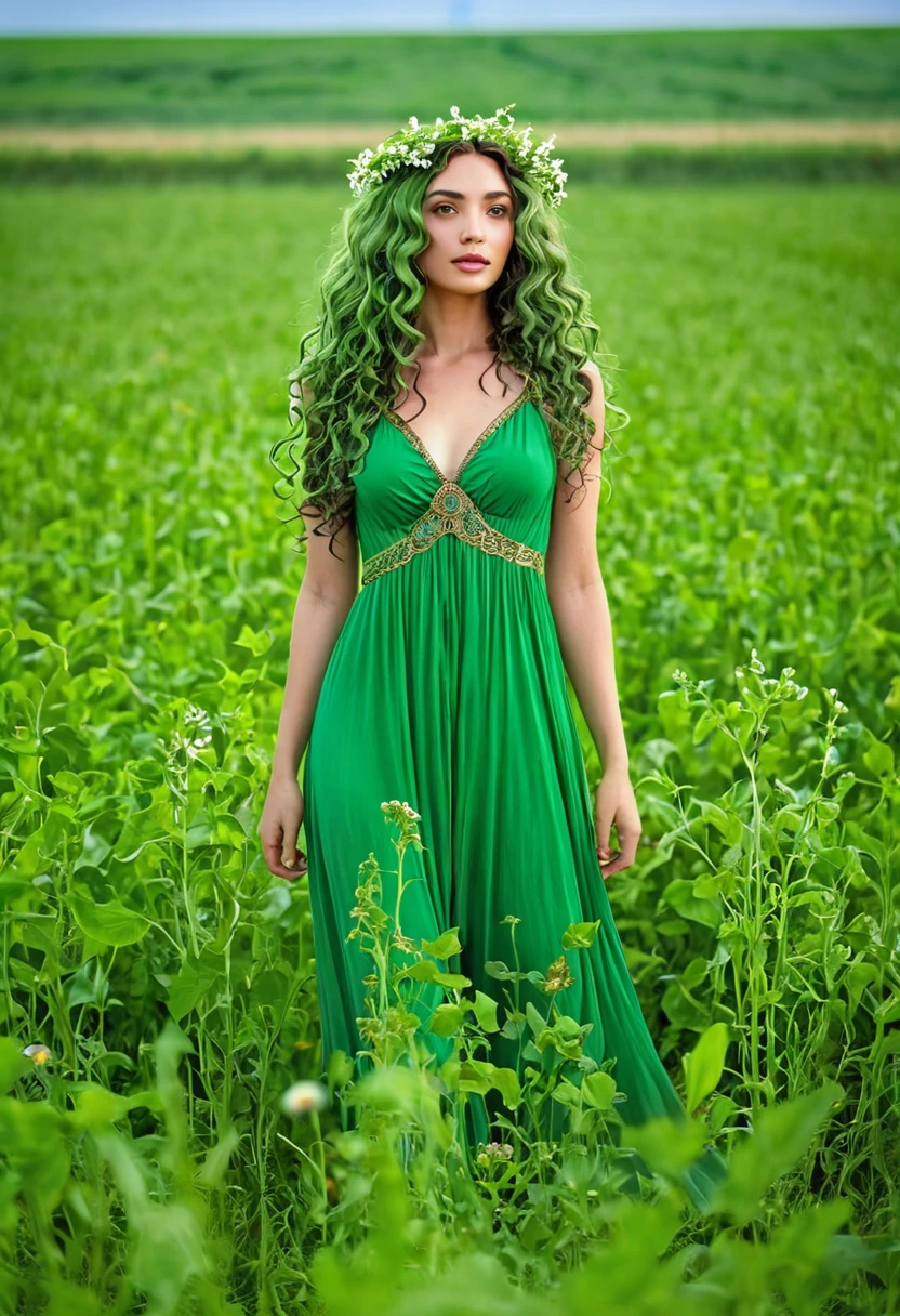 arafed woman in a green dress standing at the field of green plants, in a open green field, at the field, a goddess at the field of flowers, in the middle of a field, in a large grassy green field, wearing a dress made of vines, long curly green hair, in a field of grass, goddess of nature, i see fields of green