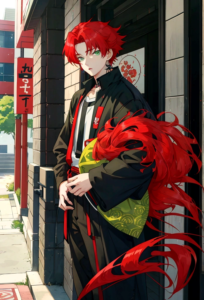 a teenage boy with red hair the size of Stray Kids' Hwang Hyunjin's hair, with light green eyes and wearing a Japanese and at school,anime styling