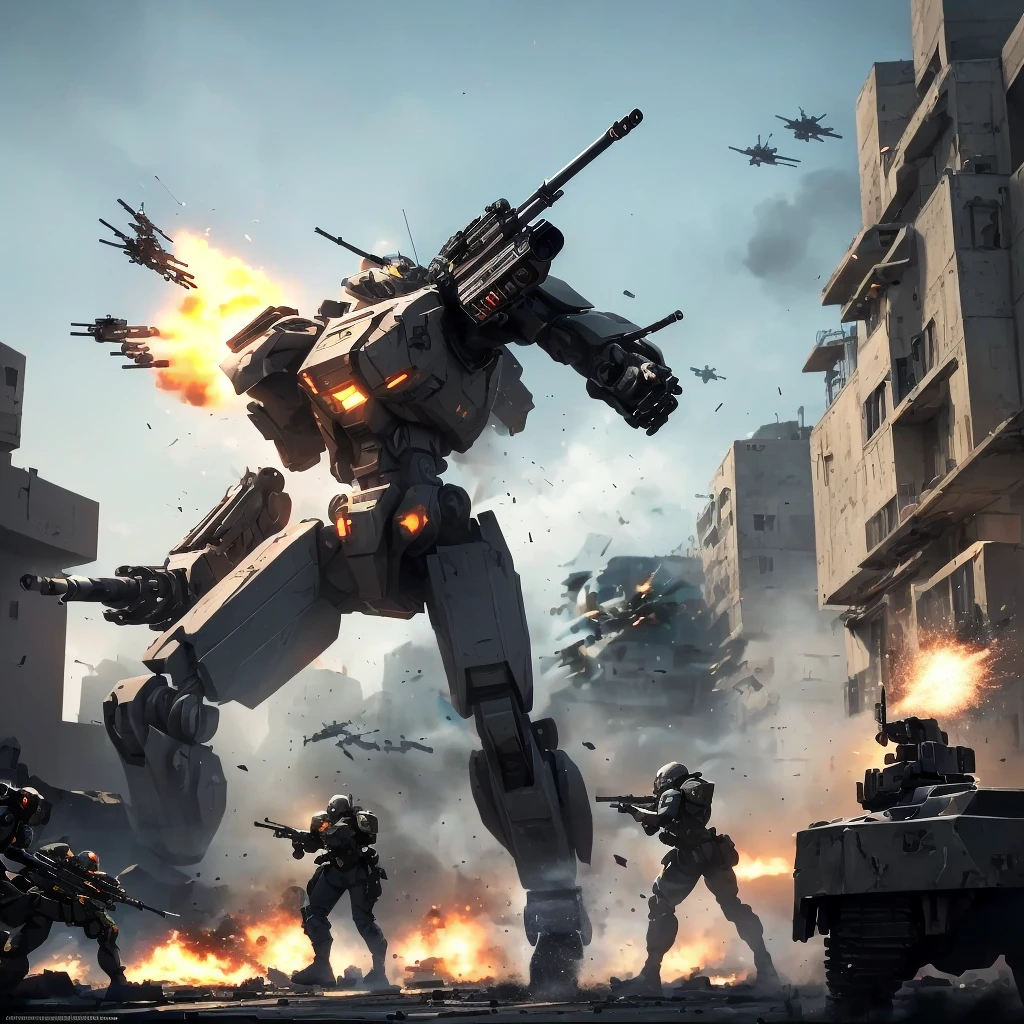 arafed image of a man with a gun and a machine gun in front of a building, soldiers and mech fight, mech machines firing bullets, futuristic battlefield, war mechs fighting, fps game concept art, high quality digital concept art, mech concept art, battletech style, concept art wallpaper 4k, 4 k concept art, 4k concept art