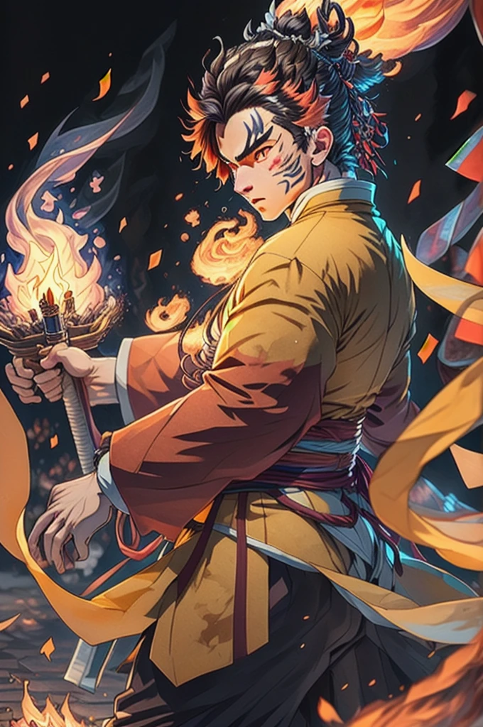 ((best qualityer)), ((work of art)), (detailded), (8k resolution), Kimetsu no Yaiba, adult man, experienced swordsman, Katana rich in details, red traces on the face, Red neon aura, flames in the background, white kimono, Slightly dark hair, groundbreaking, color scheme, pensive stillness, background with flames, details Intricate, photographic realism, fully body.