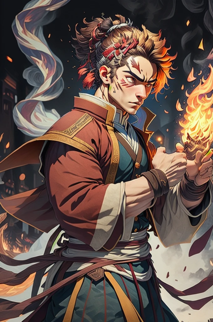 ((best qualityer)), ((work of art)), (detailded), (8k resolution), Kimetsu no Yaiba, adult man, experienced swordsman, Katana rich in details, red traces on the face, Red neon aura, flames in the background, white kimono, Slightly dark hair, groundbreaking, color scheme, pensive stillness, background with flames, details Intricate, photographic realism, fully body.