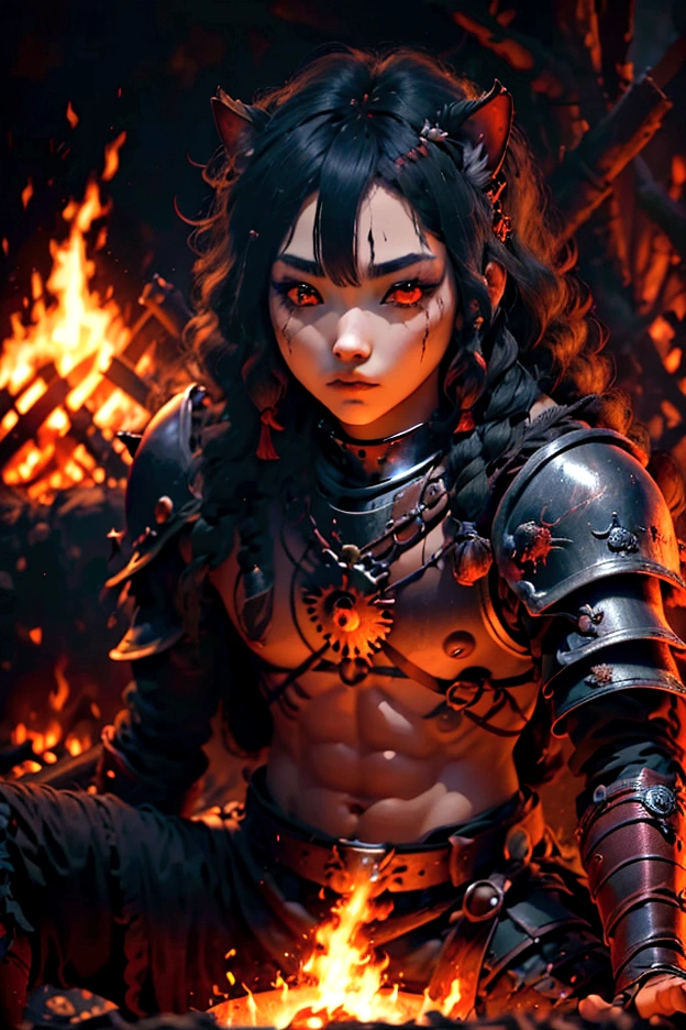 junkotvv pelo largo negro con flequillo y con orejas de gato y ojos rojos a warrior resting in bonfire, high quality, masterpiece, dark theme, dark souls theme,  (fullbody sentada frente a un bonfire )