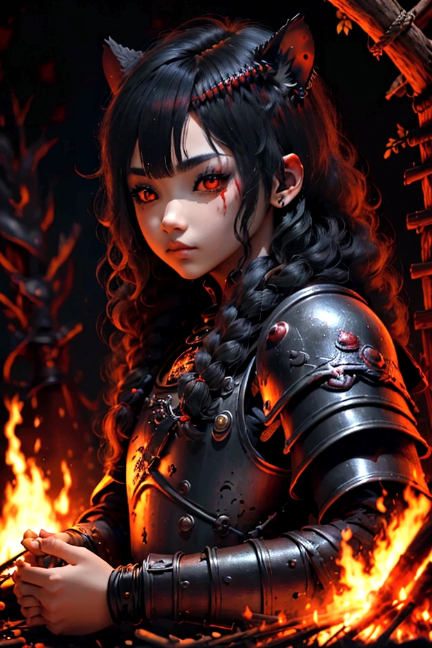 junkotvv pelo largo negro con flequillo y con orejas de gato y ojos rojos a warrior resting in bonfire, high quality, masterpiece, dark theme, dark souls theme, (fullbody sentada frente a un bonfire )