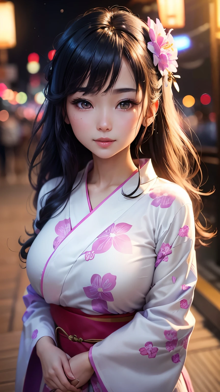 (logo、masterpiece、8K、Tabletop、RAW Photos、wonderful、最high quality、フォトリアリスティックでVery detailedな CG 複合 8K 壁紙、high quality、Very detailed、Narrative poem、Particle Effects、Dynamic Effects、Depth of the Boundary、Cinematic Light、Lens flare、Ray Tracing)、 (One beautiful woman wearing a yukata、White yukata、Light purple pattern)、Black-haired、High definition skin、Very fine、Fine skin texture、Beautiful Face、True Face、Beautiful details in the eyes、Realistic eyes、Beautifully detailed eyes、Realistic Skin、Beautiful Skin、Surreal、Smiling Eyes、Hair and light eyes、vivid、Colorful lights and bokeh、plump lower lip、Pink Lips、Hair flutters in Wind、Hair bounces、wonderful景色、night、evening、Wind、moonlight、moonlight、light
