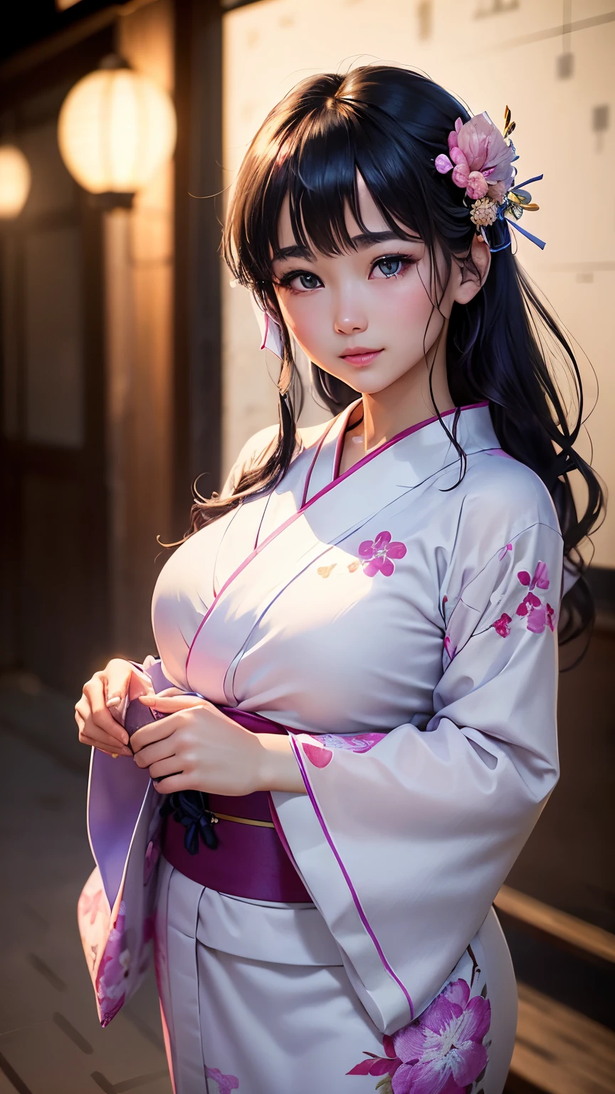 (logo、masterpiece、8K、Tabletop、RAW Photos、wonderful、最high quality、フォトリアリスティックでVery detailedな CG 複合 8K 壁紙、high quality、Very detailed、Narrative poem、Particle Effects、Dynamic Effects、Depth of the Boundary、Cinematic Light、Lens flare、Ray Tracing)、 (One beautiful woman wearing a yukata、White yukata、Light purple pattern)、Black-haired、High definition skin、Very fine、Fine skin texture、Beautiful Face、True Face、Beautiful details in the eyes、Realistic eyes、Beautifully detailed eyes、Realistic Skin、Beautiful Skin、Surreal、Smiling Eyes、Hair and light eyes、vivid、Colorful lights and bokeh、plump lower lip、Pink Lips、Hair flutters in Wind、Hair bounces、wonderful景色、night、evening、Wind、moonlight、moonlight、light