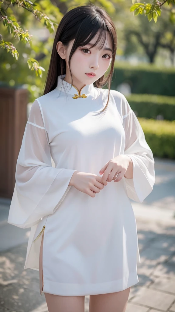 A very cute Chinese girl wearing fashionable clothes, dressed in 2023 women's clothing, with very white and tender skin, ultra-high skin details, complete hand details, 8K, shot by Canon,