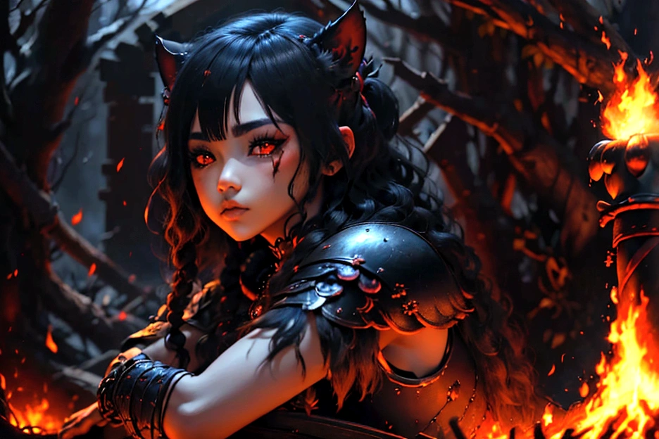 junkotvv pelo largo negro con flequillo y con orejas de gato y ojos rojos a warrior resting in bonfire, high quality, masterpiece, dark theme, dark souls theme,  (fullbody sentada frente a un bonfire )