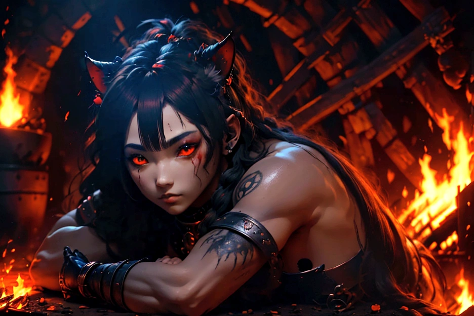junkotvv pelo largo negro con flequillo y con orejas de gato y ojos rojos a warrior resting in bonfire, high quality, masterpiece, dark theme, dark souls theme, (fullbody sentada frente a un bonfire )