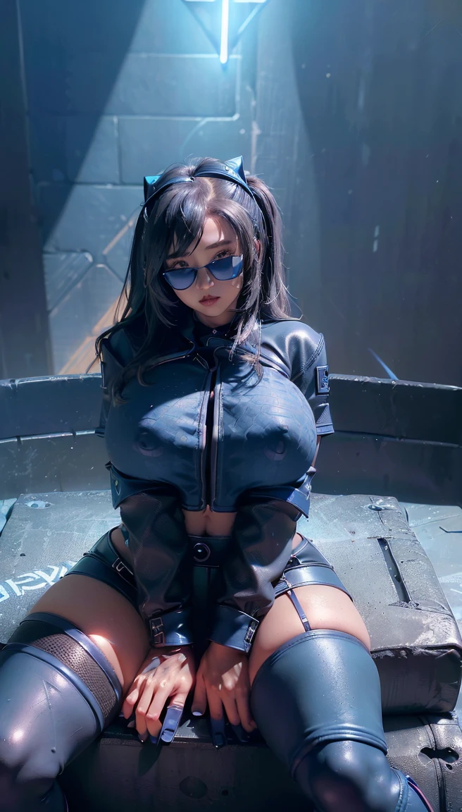 (1 girl:1.3)、Pokimane, Streamer Pokimane, solo、super realistic, super detailed、best quality、((((dark blue crop top, dark blue miniskirt, dark blue cross strap high heels, dark blue leather jacket, dark blue tinted sunglasses resting on top of head, dark blue bow on top of hair)))), light smile，the biggest：1.4, ((((extremely wide hips, extremely busty, extremely big breasts, extremely big ass, very thick thighs, nipples poking through clothing)))), on black fashion show stage background, neon lights in background, close up body view, crossed arms,