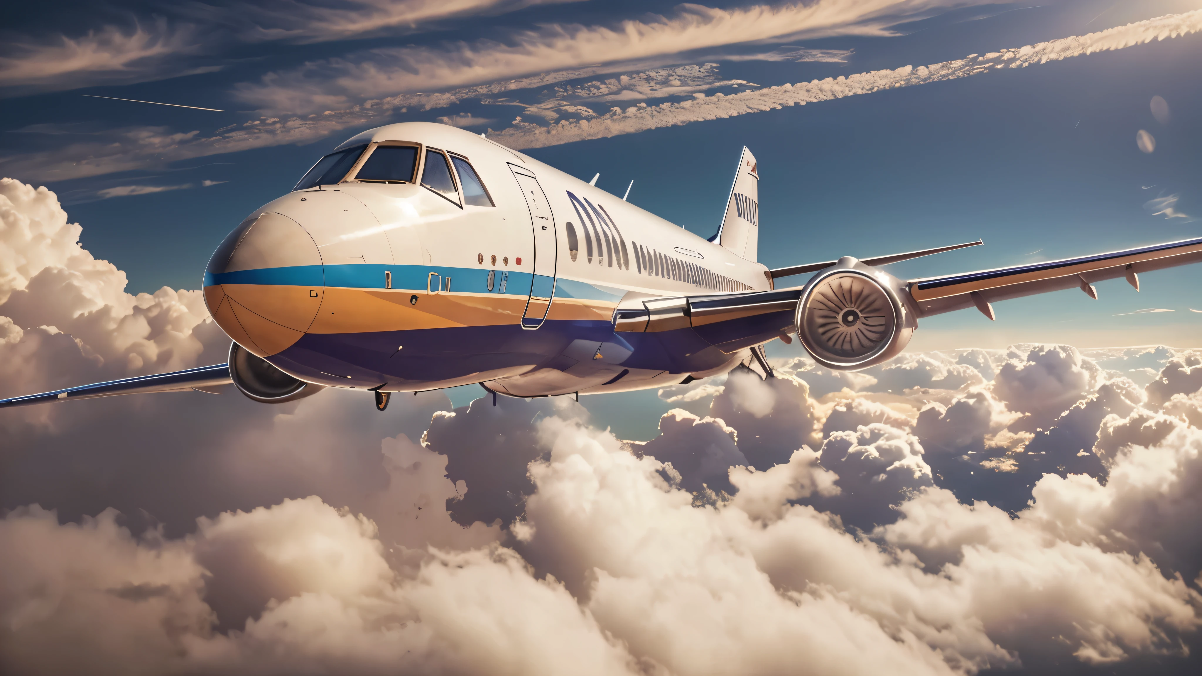 Generate an image of a 1970s Boeing 757 jet flying through the clouds. The scene should capture the vintage feel of the era, with the jet's design reflecting the style of the 1970s. The sky is filled with fluffy, white clouds, and the jet is soaring high above, creating a sense of movement and freedom. The aircraft should be the focal point, with its distinct features and retro aesthetic clearly visible. cinematic action, cinematic lighting, backlighting, masterpiece, anatomically correct, textured skin, super detail, 8k atmospheric perspective, depth of field,
