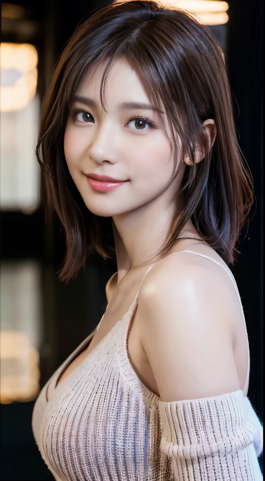 (logo, masterpiece, 8K, Tabletop, RAW Photos, wonderful, 最high quality, Photorealistic and very detailed CG composite 8k wallpaper, high quality, Very detailed, Narrative poem, Particle Effects, Dynamic Effects, Depth of the Boundary, Cinematic Light, Lens flare, Ray Tracing), short hair beautiful young woman, Hair tied back, high detail skin, very fine, fine skin texture, beautiful face, realistic eyes, beautifully detailed eyes, realistic skin, beautiful skin, surreal, smiling eyes, Hair and light eyes, Vibrant, Colorful lights and bokeh. The lighting casts a warm glow on her face and hair, Blue glow, Water surface reflection, Creates a dreamy and magical atmosphere, Big Breasts, Brown Hair, short hair, plump lower lip, pink blush on the cheeks , pink lips, brown tight no-shoulder knit sweater
