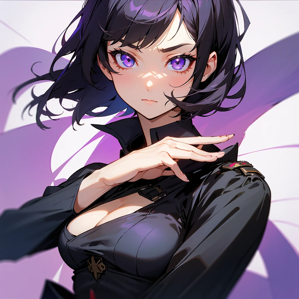 Gorgeous girl, perfect  face, cute face, has a serius expression and thoughtful look, purple eyes, sharp eyes, short black hair with, wears a world war outfit, imperial presence, very small breasts, anime style, ufotable style.