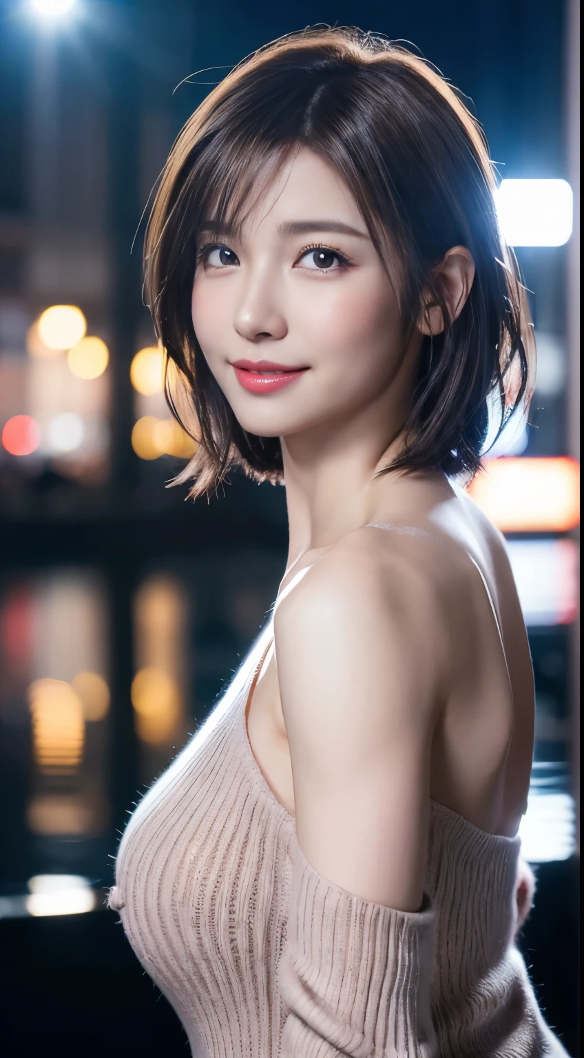 (logo, masterpiece, 8K, Tabletop, RAW Photos, wonderful, 最high quality, Photorealistic and very detailed CG composite 8k wallpaper, high quality, Very detailed, Narrative poem, Particle Effects, Dynamic Effects, Depth of the Boundary, Cinematic Light, Lens flare, Ray Tracing), short hair beautiful young woman, Hair tied back, high detail skin, very fine, fine skin texture, beautiful face, realistic eyes, beautifully detailed eyes, realistic skin, beautiful skin, surreal, smiling eyes, Hair and light eyes, Vibrant, Colorful lights and bokeh. The lighting casts a warm glow on her face and hair, Blue glow, Water surface reflection, Creates a dreamy and magical atmosphere, Big Breasts, Brown Hair, short hair, plump lower lip, pink blush on the cheeks , pink lips, brown tight no-shoulder knit sweater