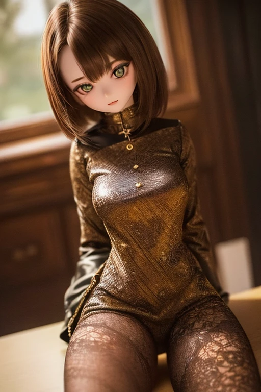 photorealistic, realistic photo, ((highest quality)), ((masterpiece)), detailed, kukolnydom, doll, (mature woman, 22yo, 22 years old:1.6), solo, ((cowboy shot, sitting on desk, skinny, slender, slim, parted lips)), green eyes, brown hair, (looking down, blank eyes, empty eyes, detailed eyes, detailed face:1.3), dress, museum, 8k