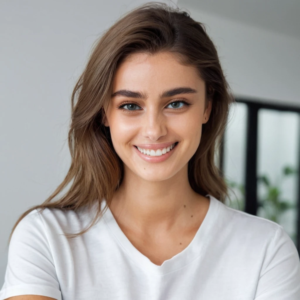 perfect quality,a photo of a woman,indoor,White background,Realistic lighting,8K,4K,Looking at the camera,Wearing short sleeves,Smile,Show your teeth,portrait,Pretty Face
