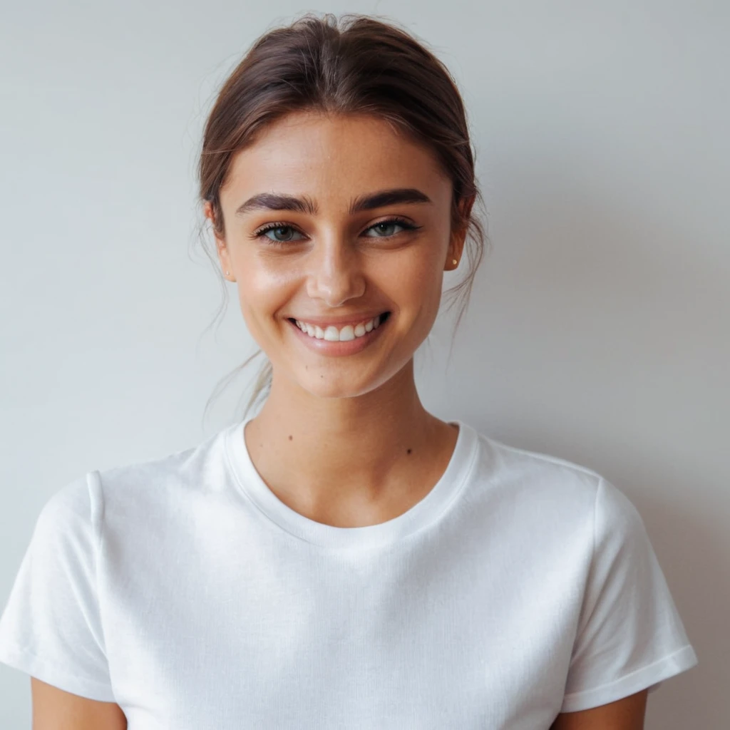 perfect quality,a photo of a woman,indoor,White background,Realistic lighting,8K,4K,Looking at the camera,Wearing short sleeves,Smile,Show your teeth,portrait,Pretty Face
