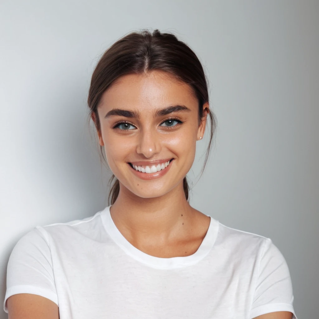 perfect quality,a photo of a woman,indoor,White background,Realistic lighting,8K,4K,Looking at the camera,Wearing short sleeves,Smile,Show your teeth,portrait,Pretty Face
