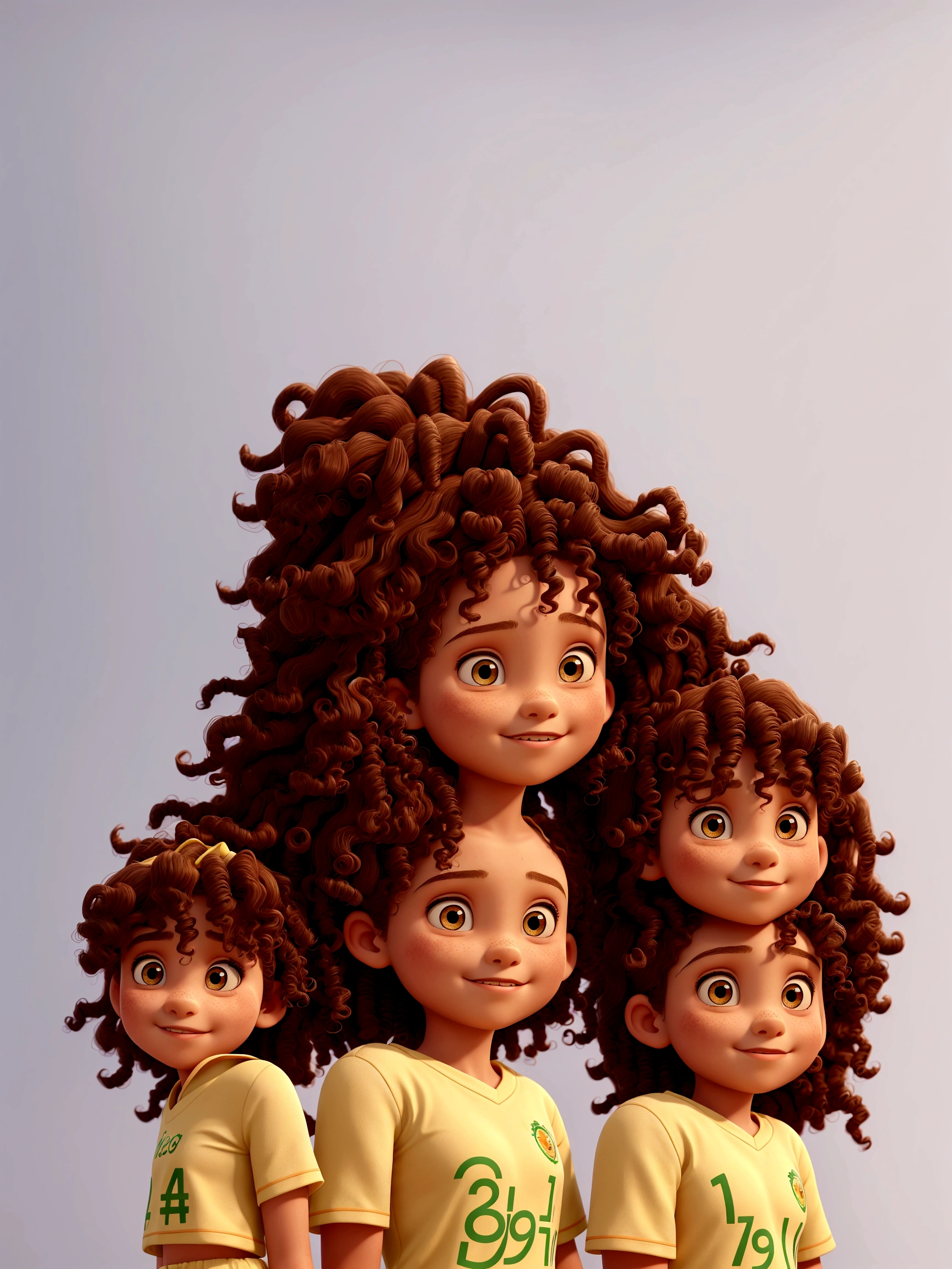 eleven year old girl, curly hair, Brazilian team shirt