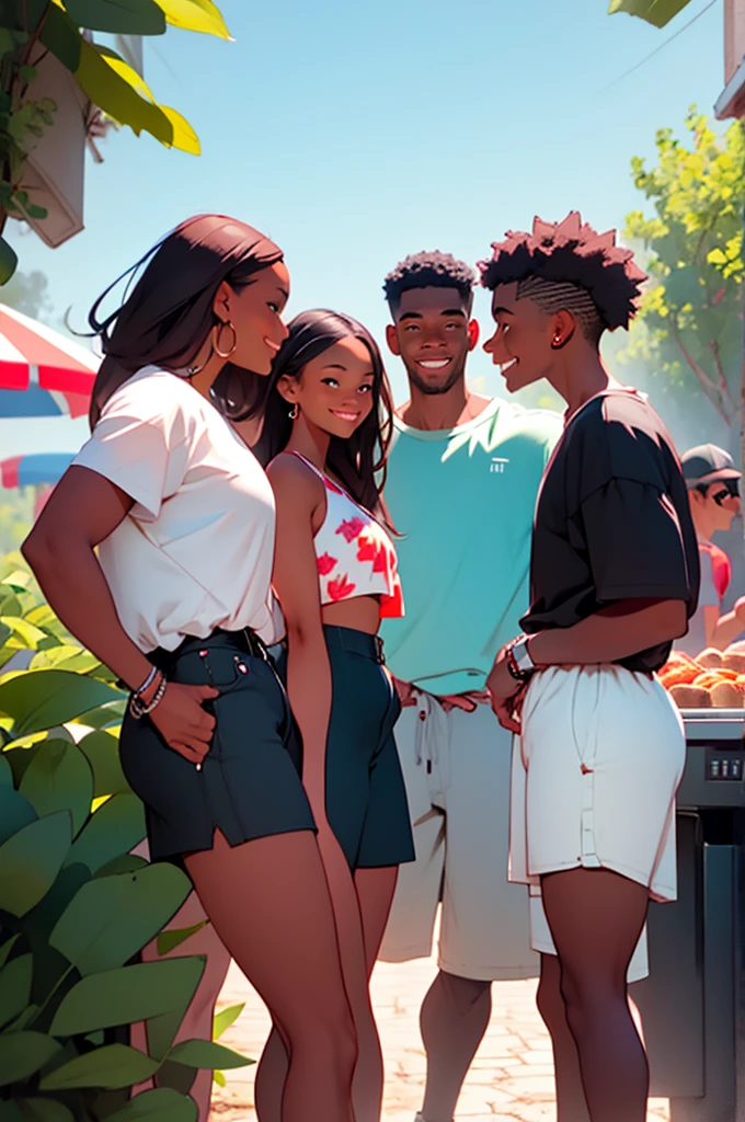 two young women in shorts with two young men wearing shorts, at bbq, outdoor grill, distance shot, happy, talking