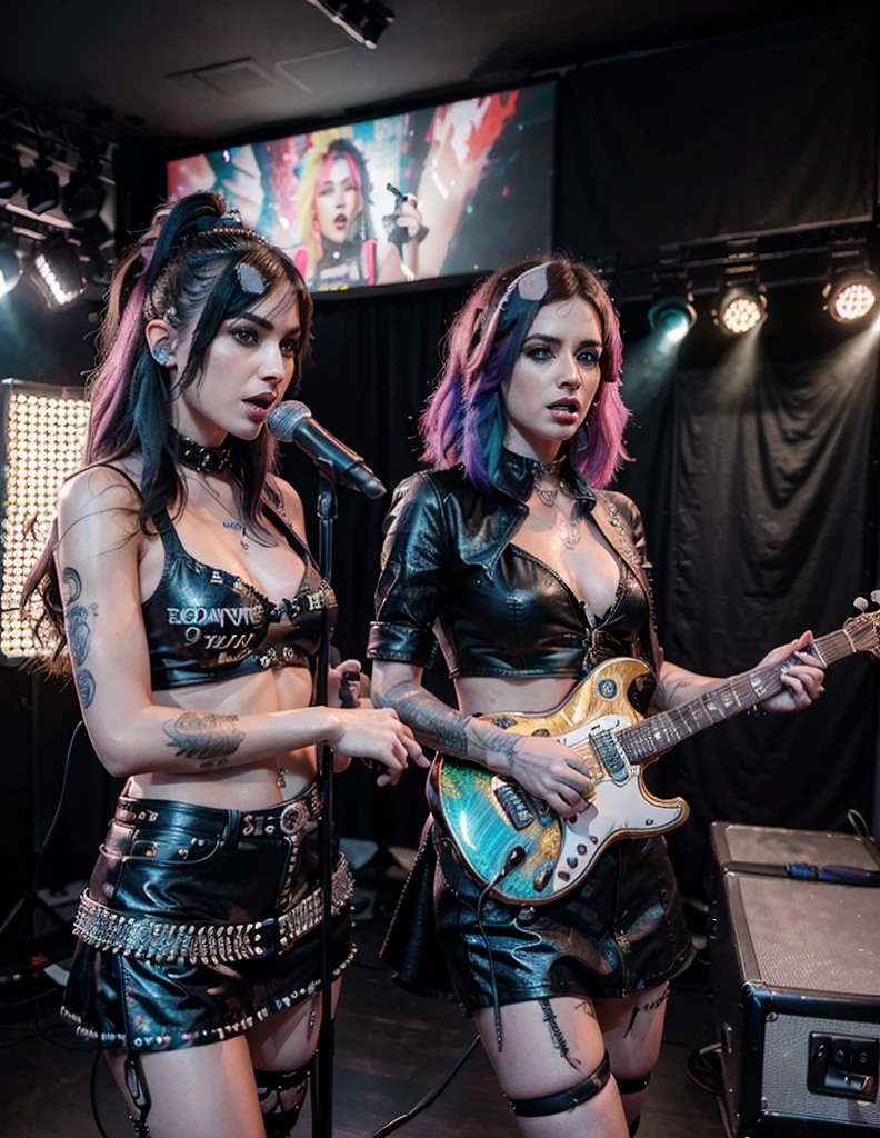 a stylish rock star duo, singing into a microphone, 2 women in punk rock outfits, metal bra covering the breasts, DJ set, sophisticated engraved idol, rock show, rave girl, (best quality,4k,8k,highres,masterpiece:1.2),ultra-detailed,(realistic,photorealistic,photo-realistic:1.37),HDR,studio lighting,professional,vivid colors