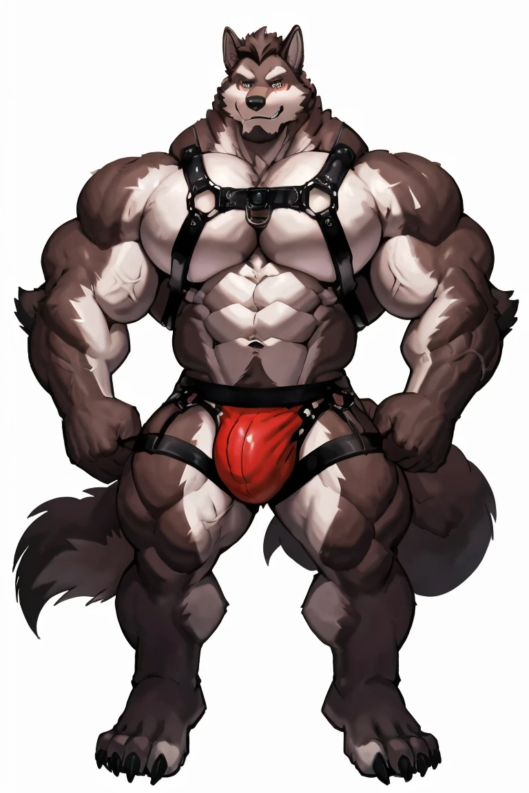 Wolf man, exaggeratedly muscular, detailed eyes, prominent and dilated veins, alpha male, huge pecs (huge: 2.5), sensual expression, nicebulge, gayharness, sexy pose, full body, (white background).