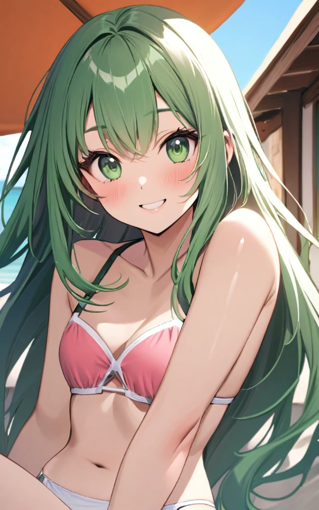 (masterpiece)、(absurdres)、(ultra detailed)、(shiny dark green hair)、(solo girl)、(dark green eyes、small breast:0.9、(straight long hair、(off shoulder white bikini),sunglasses、happy smile、southern Island beach、blush,triangle pink bikini,frill、