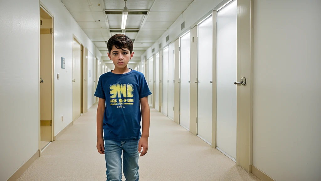 "A boy , with short dark hair, wearing a blue t-shirt and jeans, is standing in a corridor of the Backrooms. The environment is lit by white fluorescent lights that create a yellowish glow on the walls. The walls are a pale yellow, with an industrial carpet pattern on the floor. In the background, the corridor seems to stretch infinitely, with several identical doors lined up on the walls. The boy looks scared, glancing around as if he is lost and trying to find a way out."