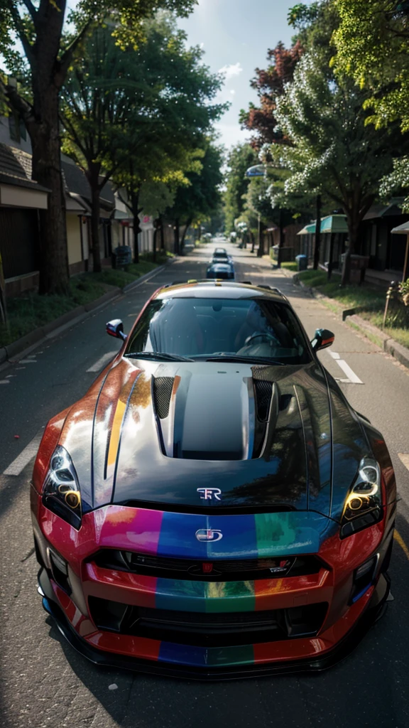 Super auto GTR R 35, colorful one on road with decorative fumes, in forest street, high resolution image, ful HD, 4k image