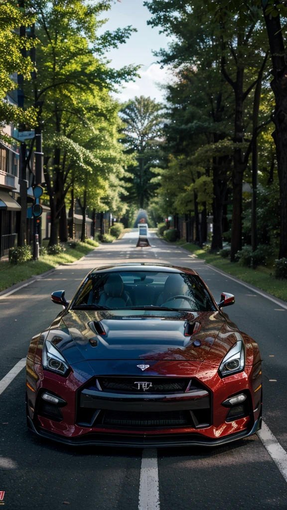 Super auto GTR R 35, colorful one on road with decorative fumes, in forest street, high resolution image, ful HD, 4k image