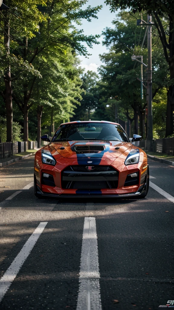 Super auto GTR R 35, colorful one on road with decorative fumes, in forest street, high resolution image, ful HD, 4k image