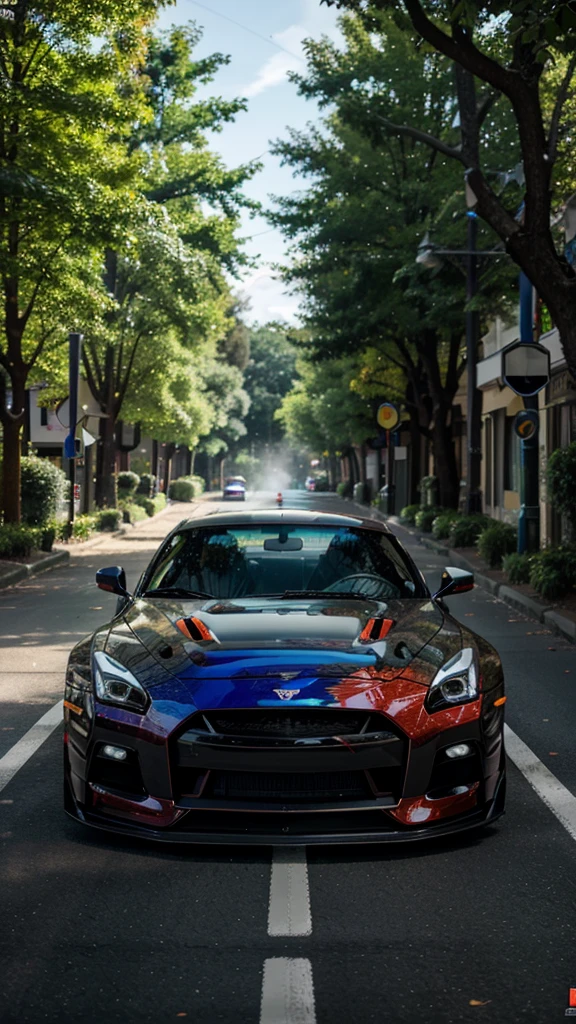 Super auto GTR R 35, colorful one on road with decorative fumes, in forest street, high resolution image, ful HD, 4k image