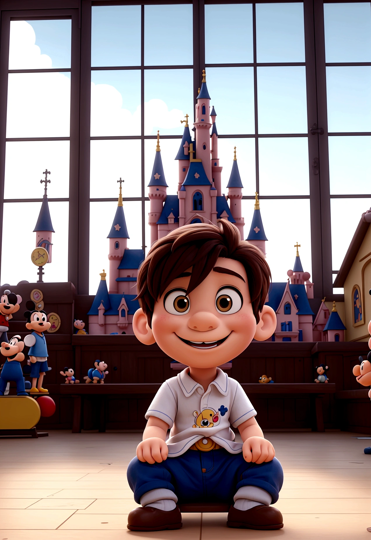"Create a 3D anime image of a 1 year old baby sitting on the floor on a bench. He seems happy and anxious when he realizes that the Mickey Mouse gang is with him. The image shows the other characters around, Walt Disney Castle in the background and some park toys . The boy's face should reflect a mixture of joy and surprise., with your hands in the air trying to get into someone's lap."