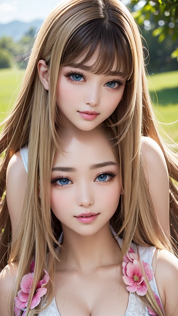 Beauty, Mystical Eyes、Big 、Super sexy、Pale skin、Shiny Hair、Super long hair、Loose and fluffy perm、Close to blonde、Are fat、fat、smile、Heavy makeup、Pink lipstick、Thick lipoisturized lips、Plump、Voluptuous、Indian、spring、Blue sky、White cloud、looking at the camera、Has bangs、Bangs fall on the forehead、Heavy makeup、Heavy makeup、The face is dark、Exotic Face
