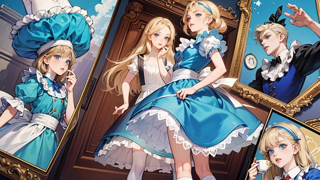 masterpiece, Highest quality, Portraiture, One Girl, (Alice in Wonderland:1.2), anime,Blue clothes, White apron, Blonde, blue eyes, Usagi, Trump, Tea cup, White lace thigh high socks, Miniskirt lift, Dynamic pose,Electro Swing