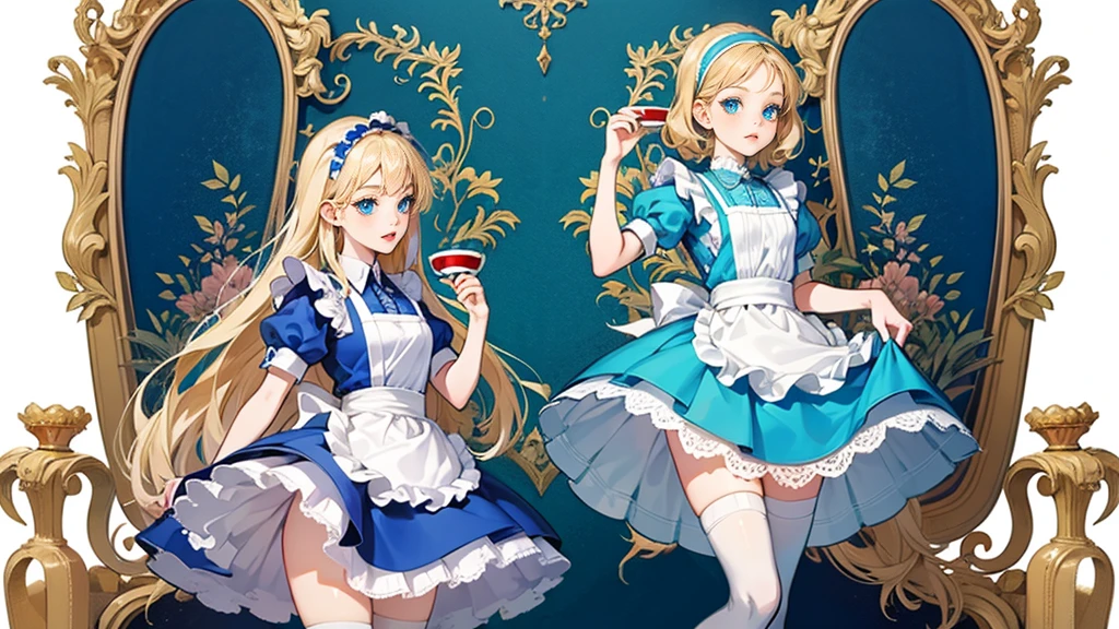 masterpiece, Highest quality, Portraiture, One Girl, (Alice in Wonderland:1.2), anime,Blue clothes, White apron, Blonde, blue eyes, Usagi, Trump, Tea cup, White lace thigh high socks, Miniskirt lift, Dynamic pose,Electro Swing